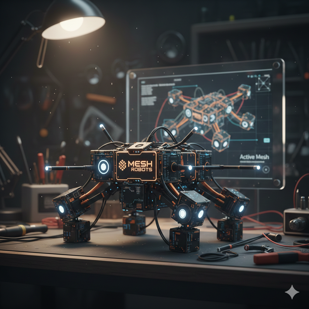 Concepto visual de Mesh Robots en laboratorio ciberpunk